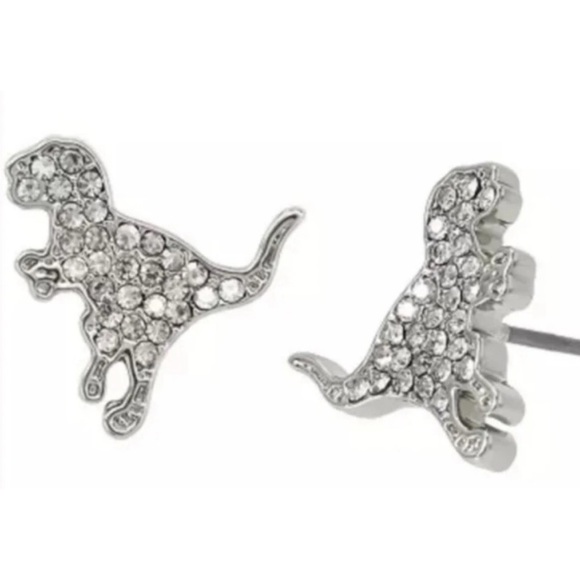 🦖NWT COACH Silver Rexy Crystal Stud Earrings T-Rex Dinosaur + Dust Bag - Picture 1 of 3